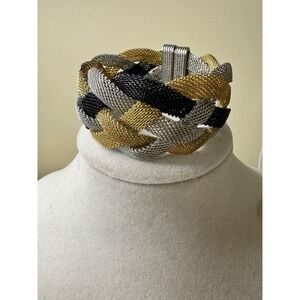 Woven Mesh Cuff Bracelet Gold Silver Black Magnetic Clasp Statement‎ Y2K Vintage